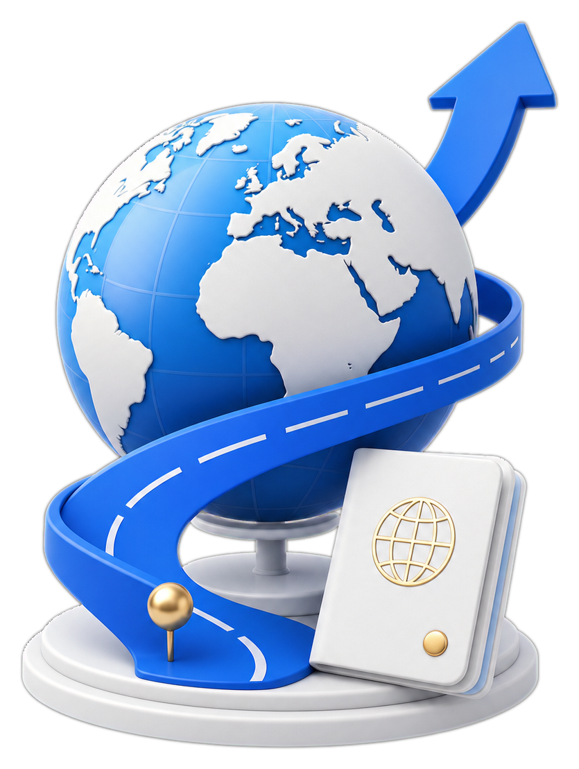A globe, upward learning path and travel document representing global progress