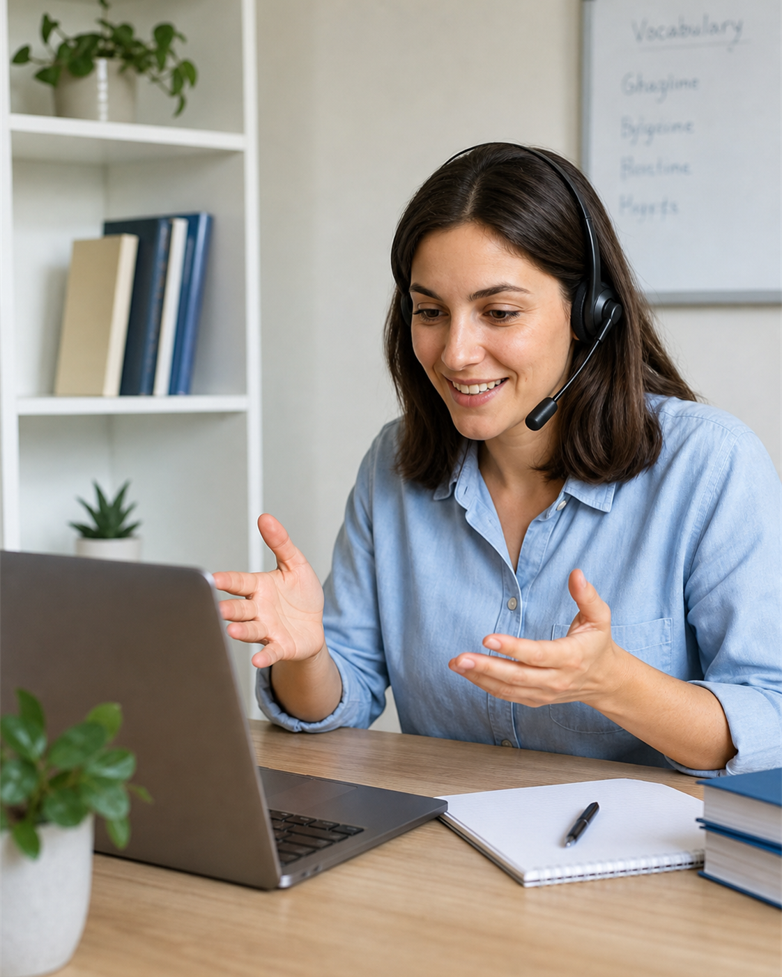 A learner attending a live online language class from home