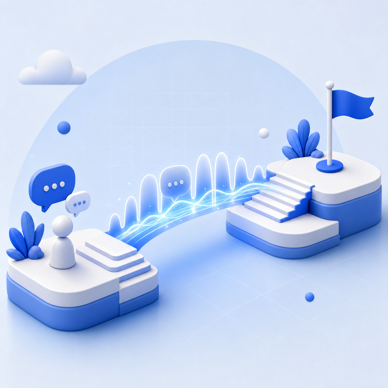 Learner platforms connected by a glowing speech-wave bridge