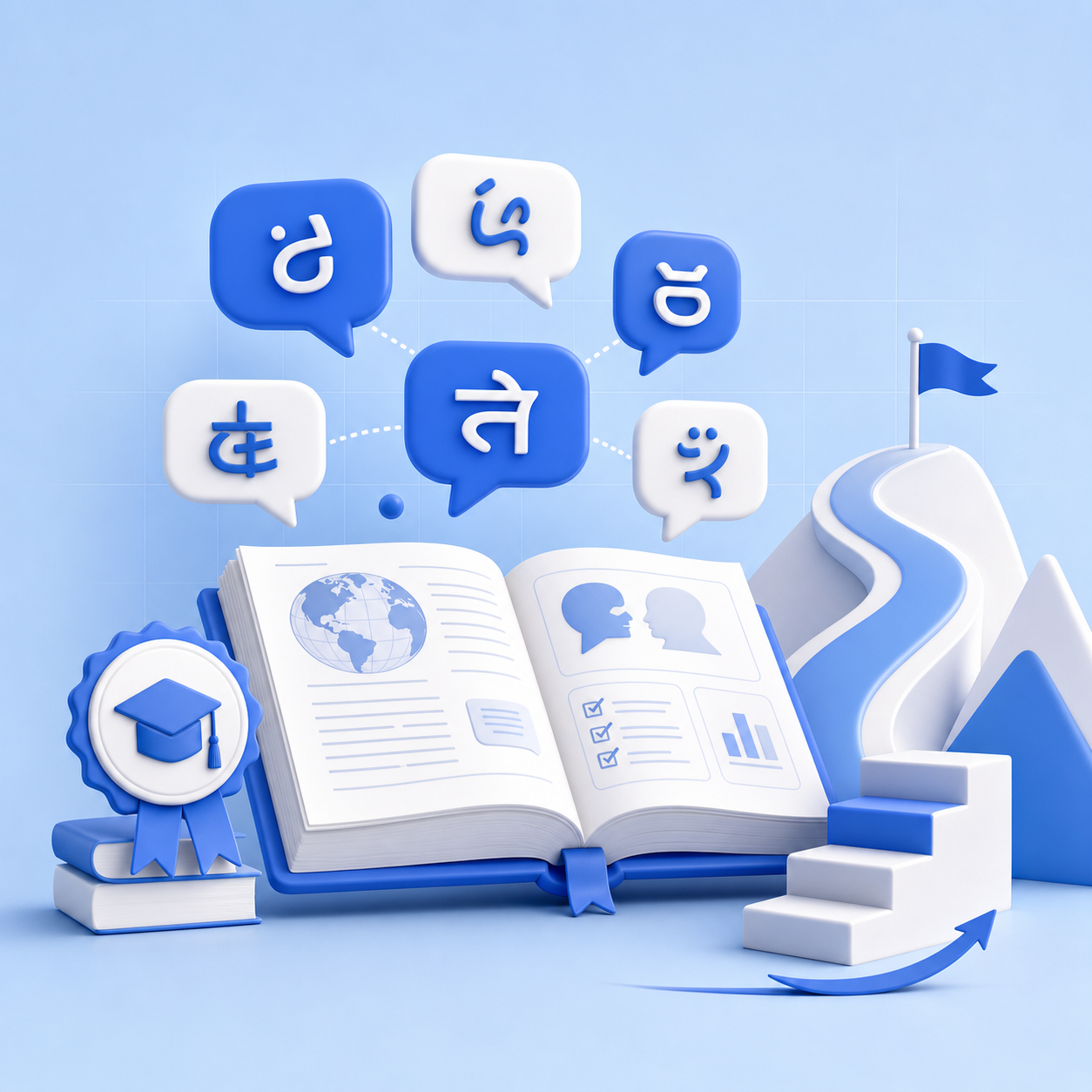 Open language workbook with multilingual speech bubbles and a learning path